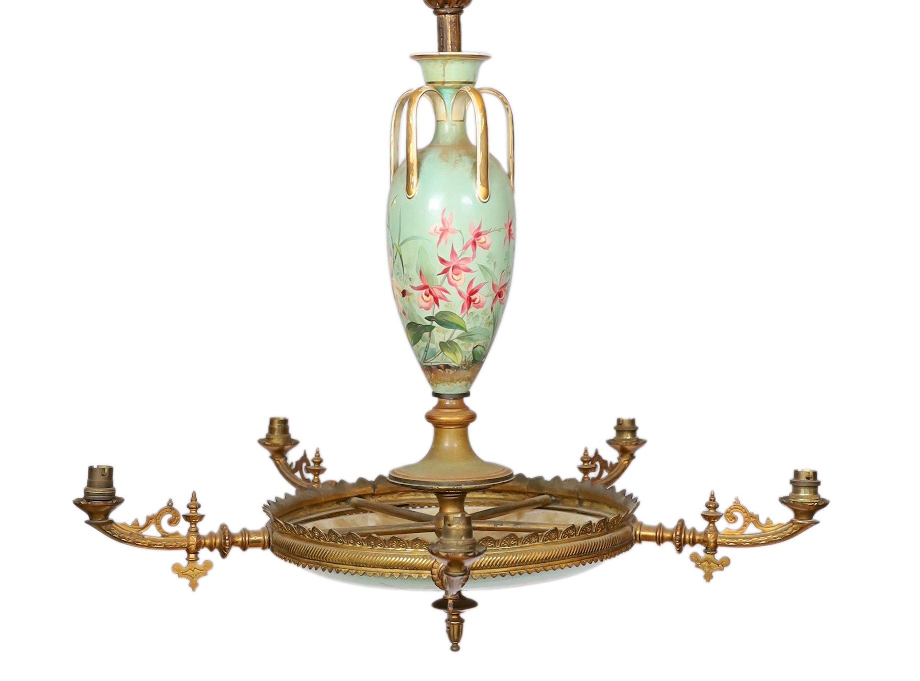 A Victorian ormolu mounted Doulton faience gasolier decorated with orchids on a bleu celeste ground, converted to electricity, drop 60cm. width 80 cm
